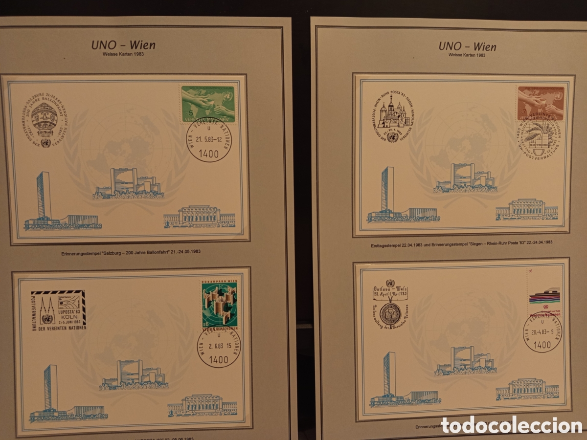 Sellos: Filatelia ONU Viena 1983: Lote 4 Tarjetas Especiales de Exposici&oacute;n
