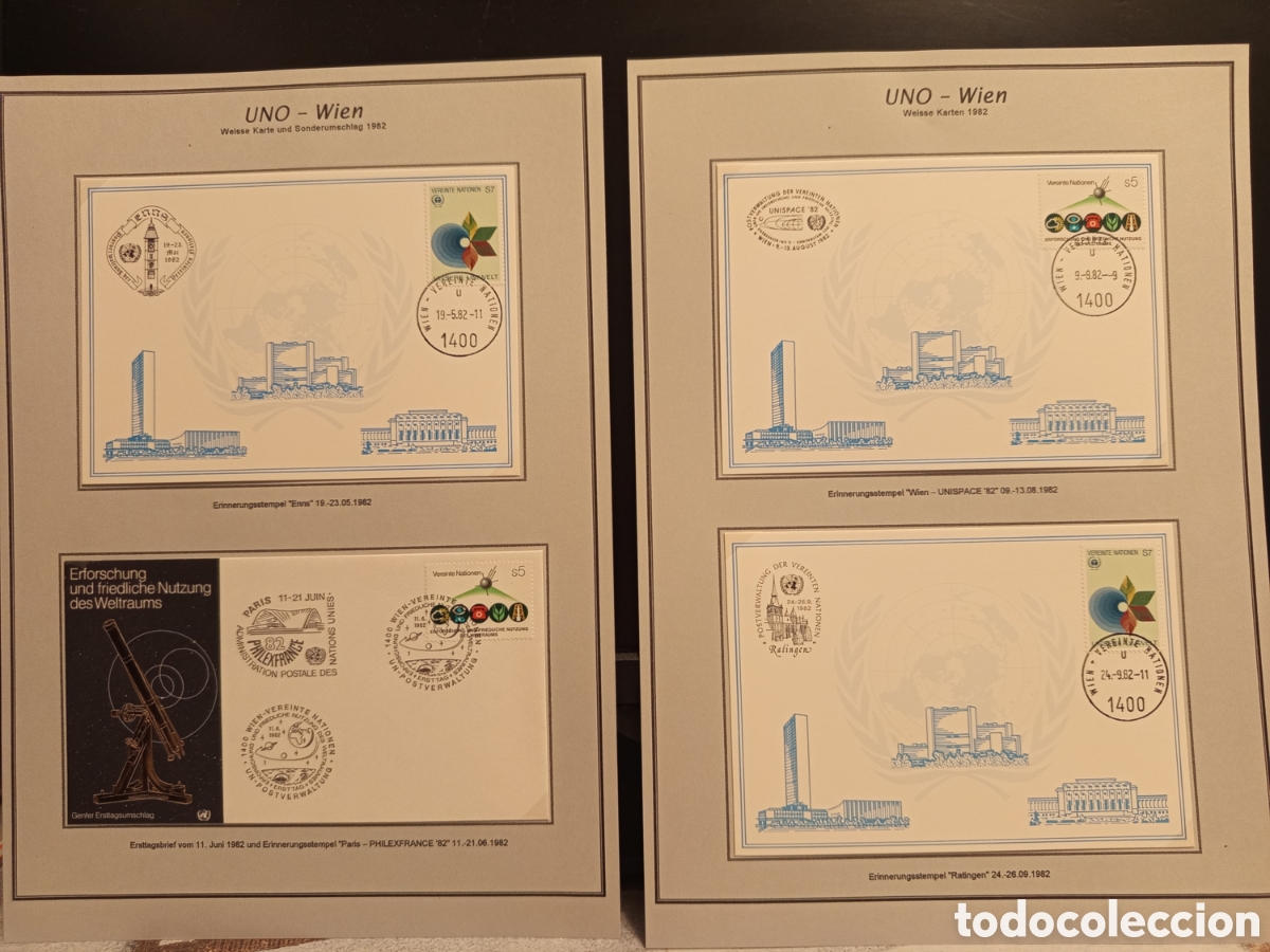 Sellos: Colecci&oacute;n Filatelia ONU Viena 1982: Tarjetas y Sobre Unispace 82