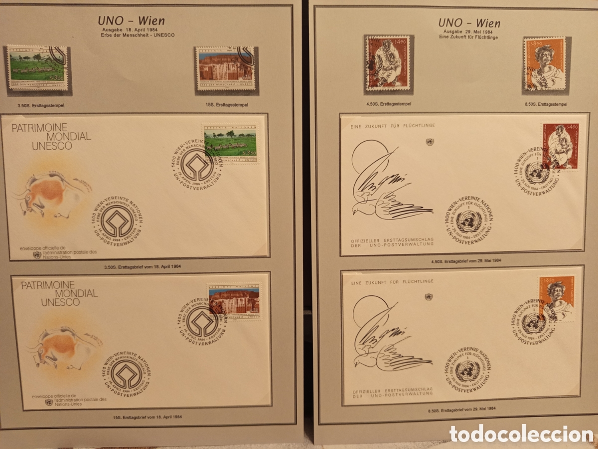 Sellos: Colecci&oacute;n ONU Viena 1984: Sobres FDC Patrimonio UNESCO y Refugiados