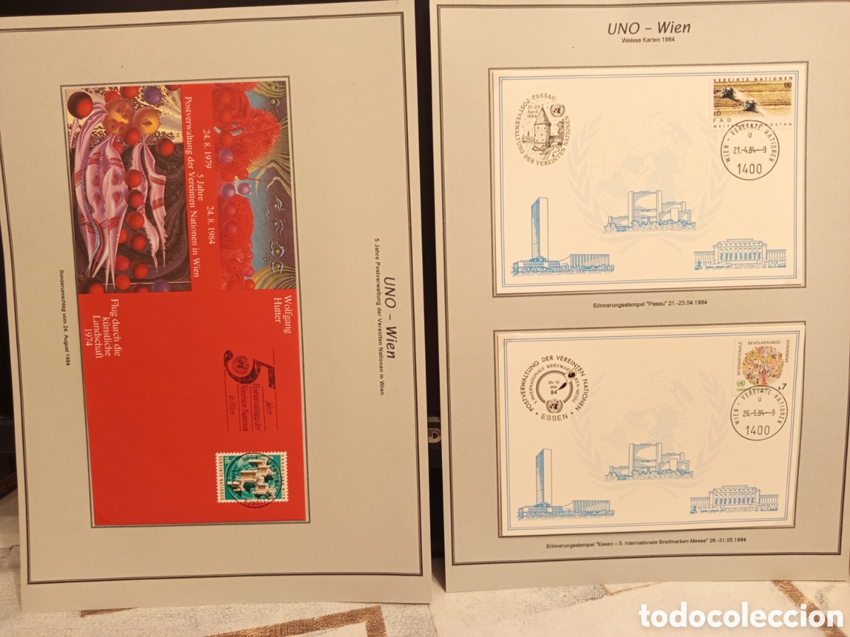Sellos: Colecci&oacute;n ONU Viena 1984: Sobre Ilustrado Hutter y Tarjetas Especiales