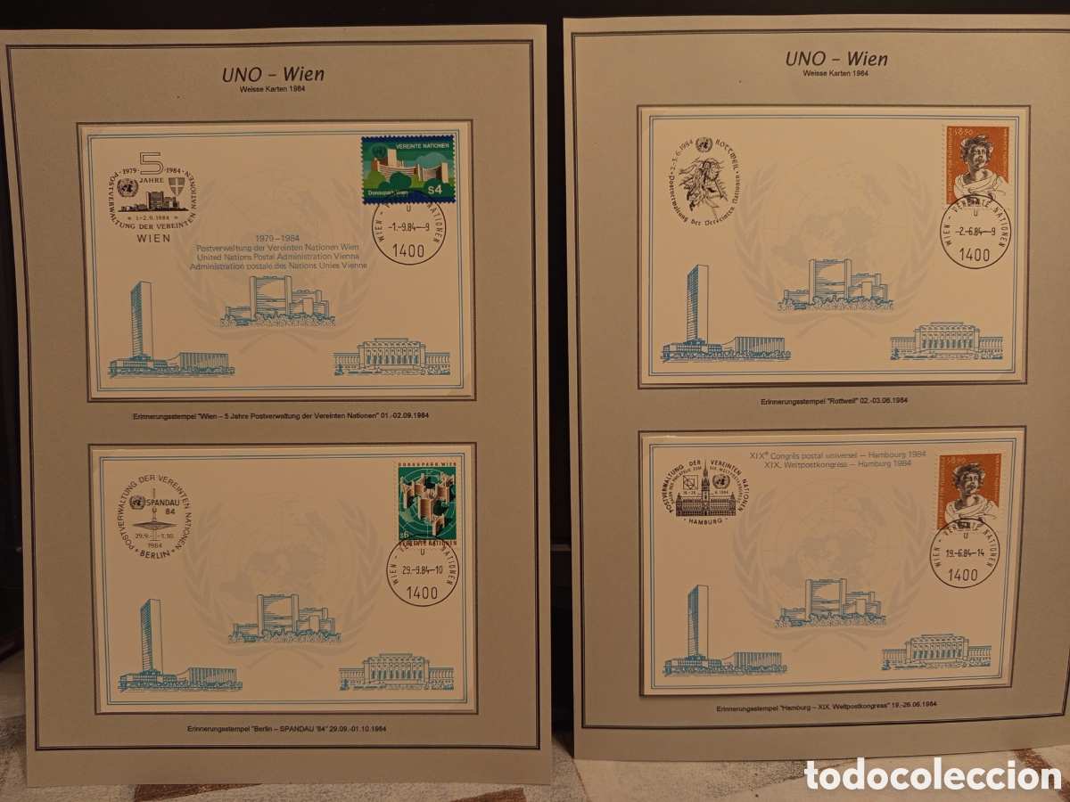 Sellos: 4 Tarjetas Blancas ONU Viena 1984: Matasellos Especiales