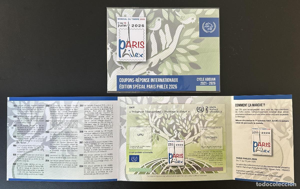 Sellos: Folder Esp&eacute;cimen Paris Philex 2026 UPU Abidj&aacute;n 150 a&ntilde;os Cup&oacute;n IRC IAS CRI