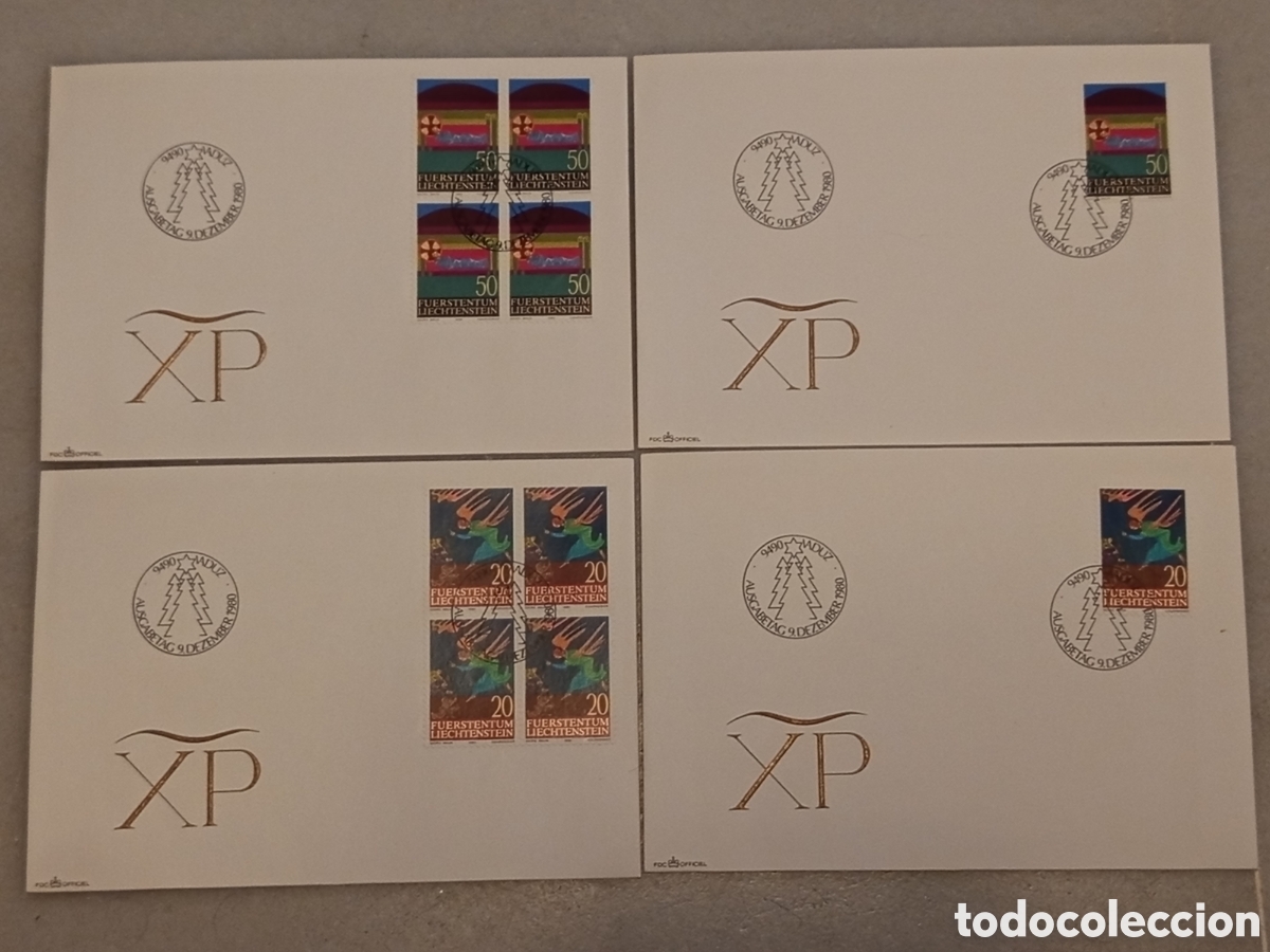 Sellos: Lote 4 Sobres FDC Liechtenstein 1980 - Navidad Monograma &rdquo;XP&rdquo;
