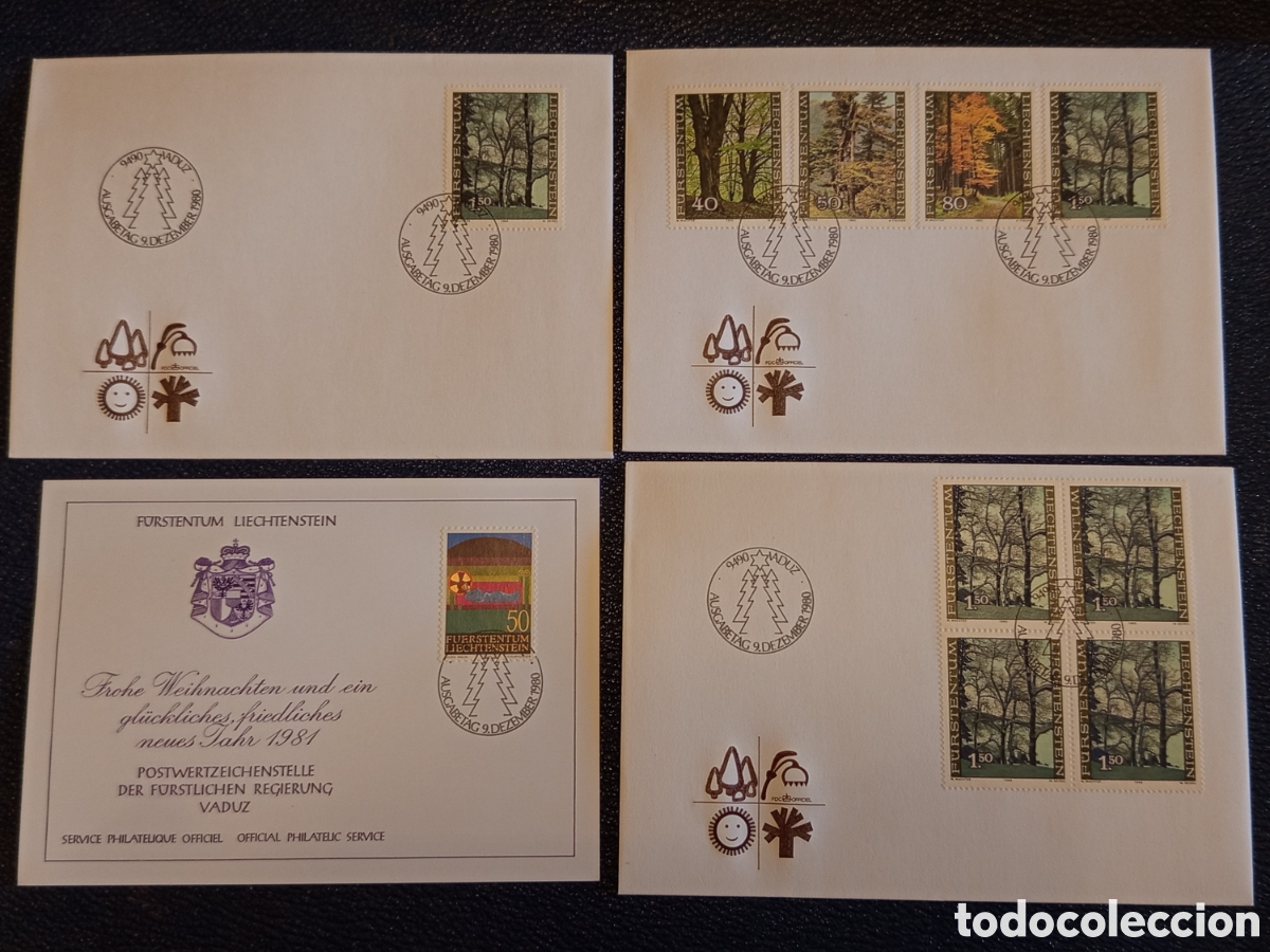Sellos: Lote 4 Sobres FDC Liechtenstein 1980 - Naturaleza y Felicitaci&oacute;n Navidad 1981