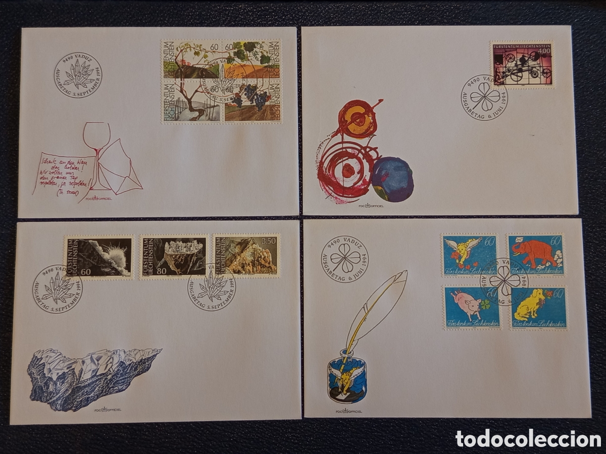 Sellos: Lote 4 Sobres FDC Liechtenstein 1994 - Arte, Geolog&iacute;a, Vi&ntilde;edos y Animales