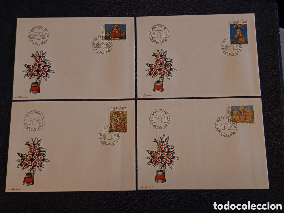 Sellos: Lote 4 Sobres FDC Liechtenstein 1976 - Serie Arte Navide&ntilde;o / Religioso