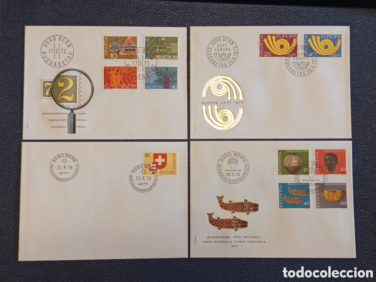 Sellos: Lote 4 Sobres FDC Suiza Helvetia (1972-1978) - Europa CEPT, Pro Patria y Jura