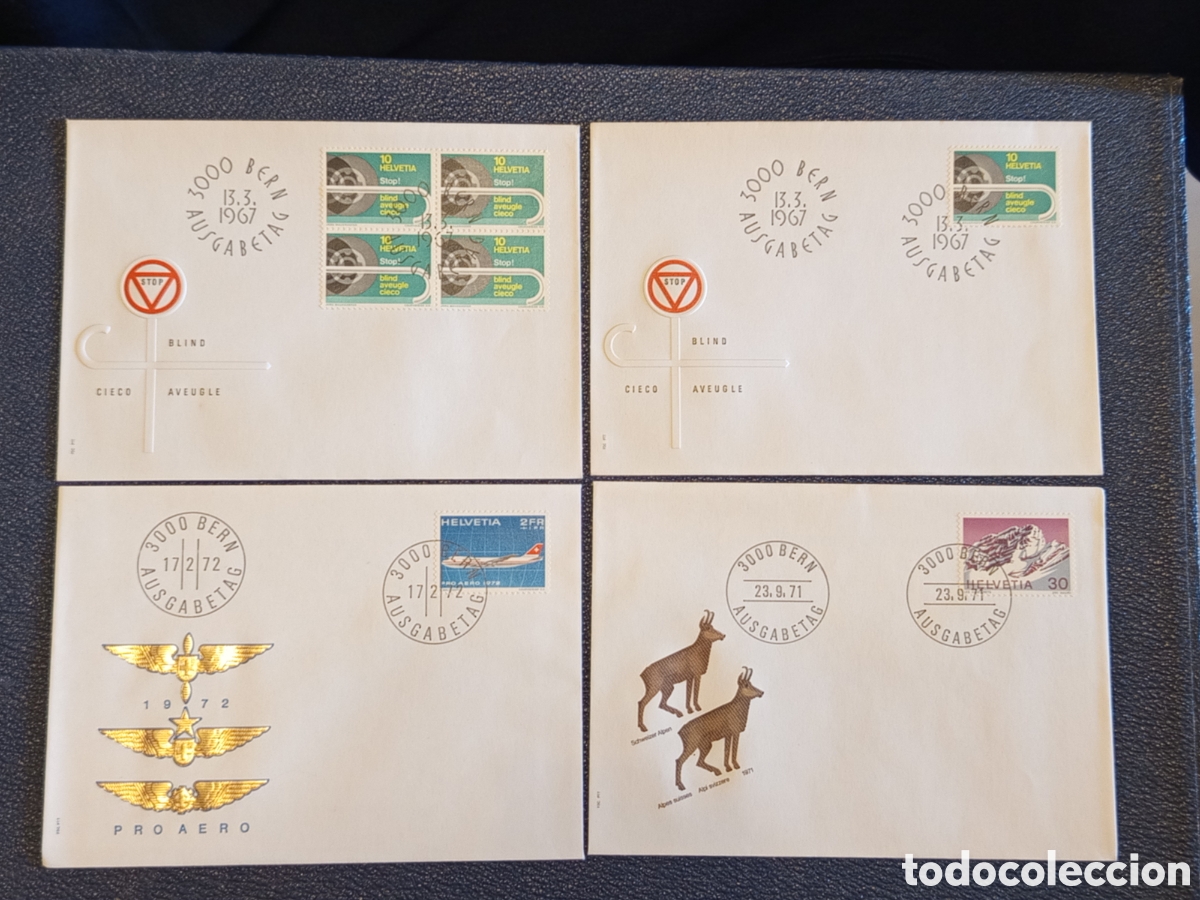 Sellos: Lote 4 Sobres FDC Suiza Helvetia (1967-1972) - Pro Aero, Ayuda Ciegos y Fauna
