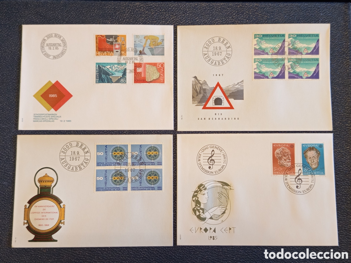 Sellos: Lote 4 Sobres FDC Suiza Helvetia (1967-1985) - Europa CEPT, San Bernardino y OCTI