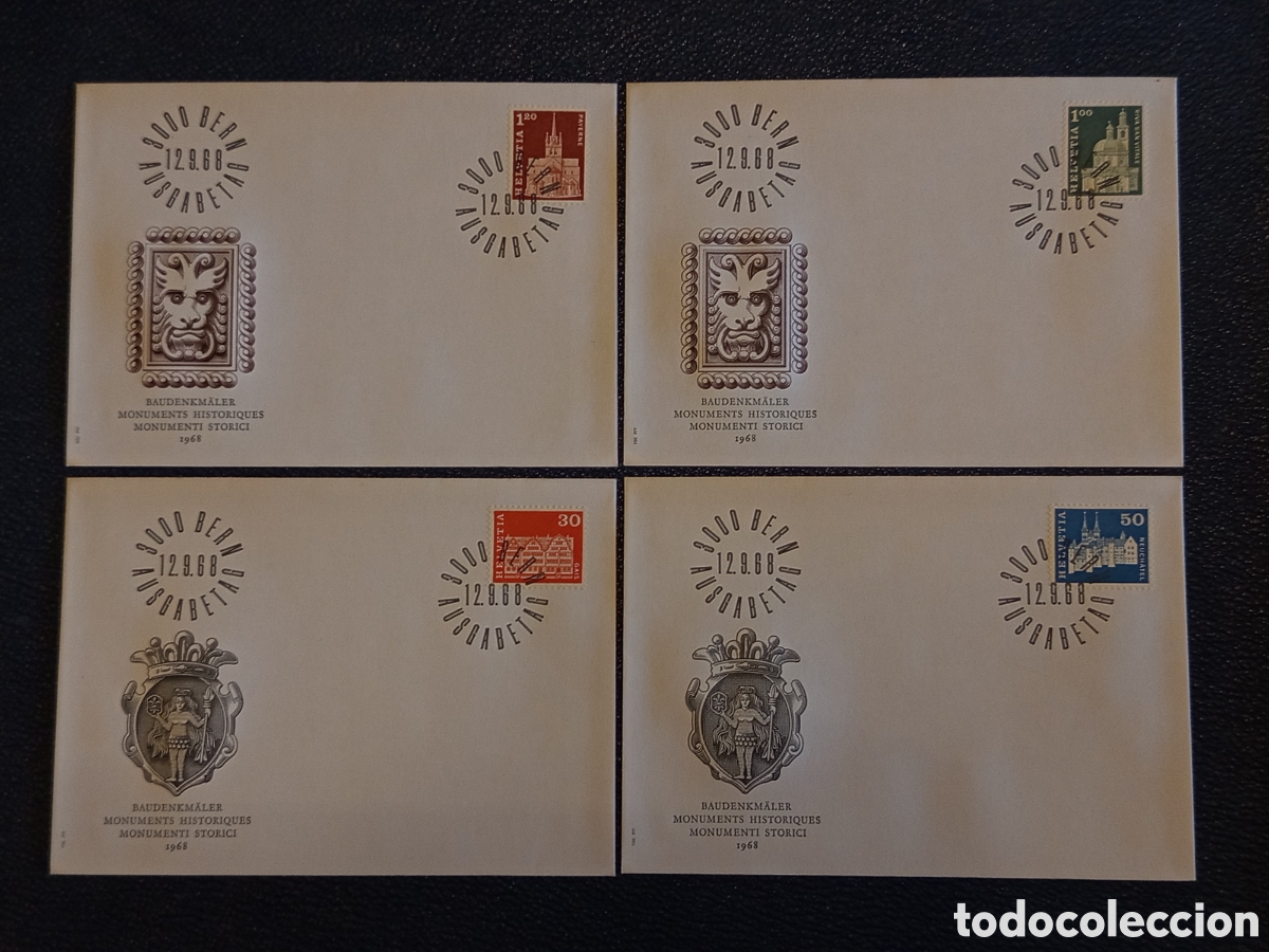 Sellos: Lote 4 Sobres FDC Suiza Helvetia 1968 - Serie Monumentos y Escudos Nobles