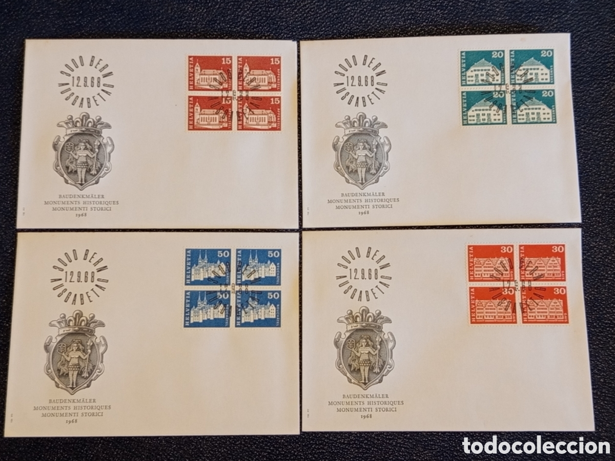 Sellos: Lote 4 Sobres FDC Suiza Helvetia 1968 - Bloques Monumentos Hist&oacute;ricos y Castillos