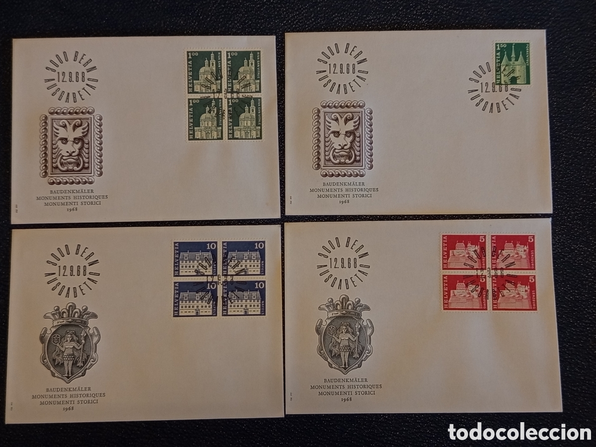 Sellos: Lote 4 Sobres FDC Suiza Helvetia 1968 - Bloques Monumentos Hist&oacute;ricos y Castillos