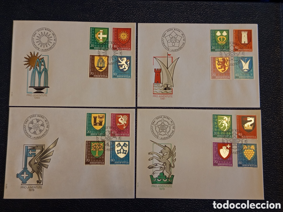 Sellos: Lote 4 Sobres FDC Suiza Helvetia (1978-1981) - Serie Pro Juventute Her&aacute;ldica