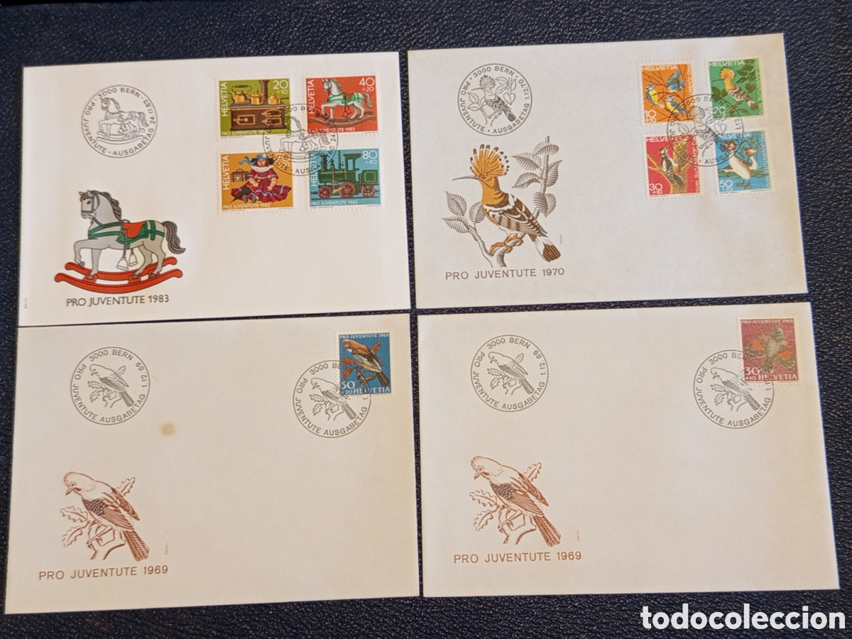 Sellos: Lote 4 Sobres FDC Suiza Helvetia (1969-1983) - Pro Juventute Aves y Juguetes
