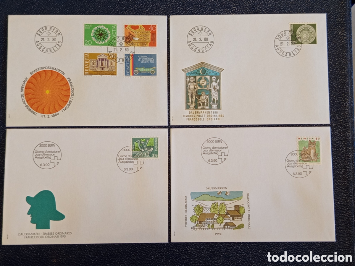 Sellos: Lote 4 Sobres FDC Suiza Helvetia (1980-1990) - Series Especiales y Ordinarias