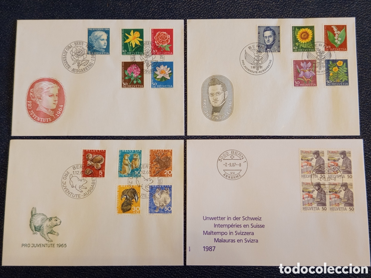 Sellos: Lote 4 Sobres FDC Suiza Helvetia (1961-1987) - Pro Juventute Flora, Fauna e Inclemencias