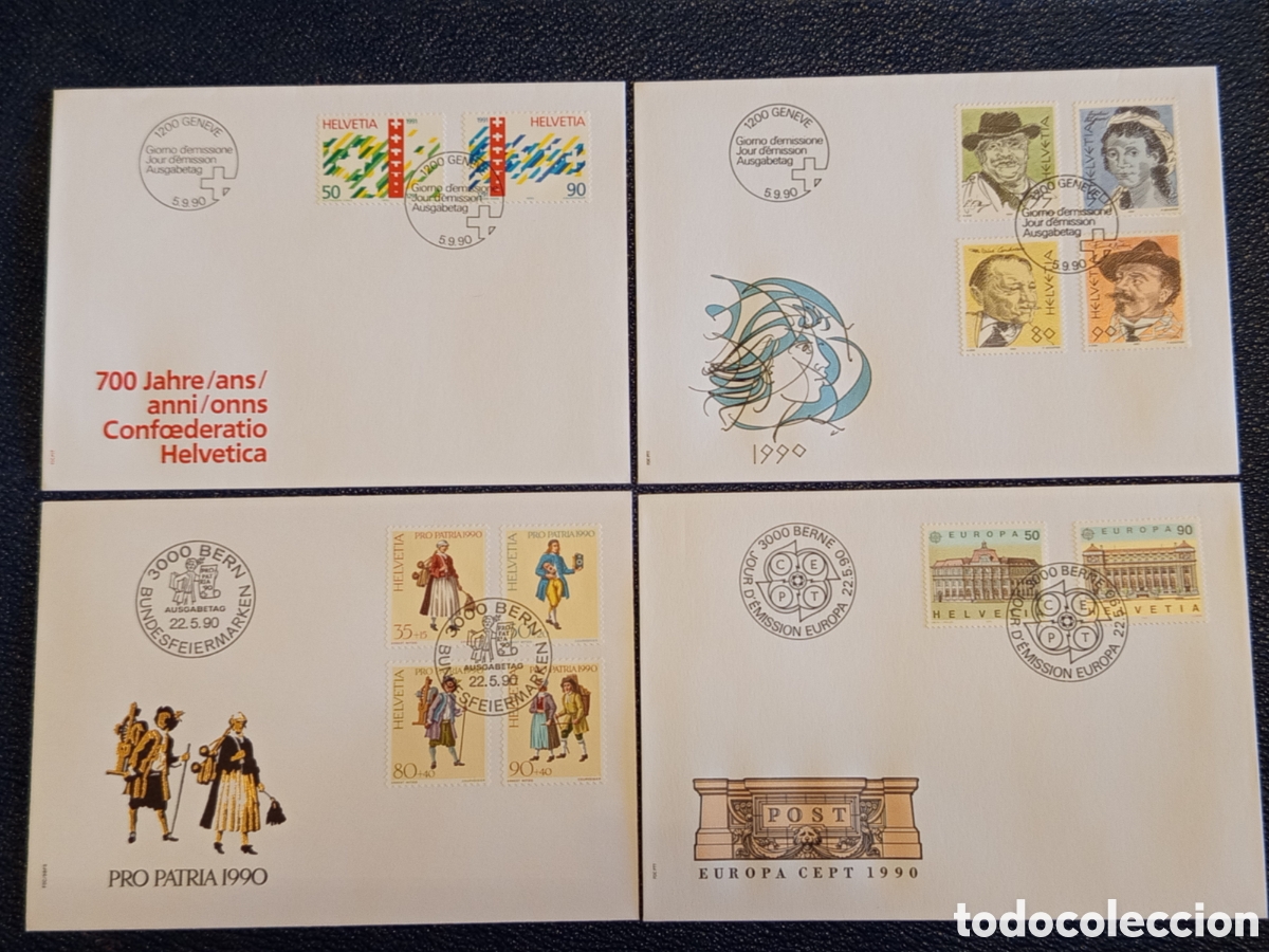 Sellos: Lote 4 Sobres FDC Suiza Helvetia (1990) - Pro Patria, CEPT y 700 A&ntilde;os Confed.
