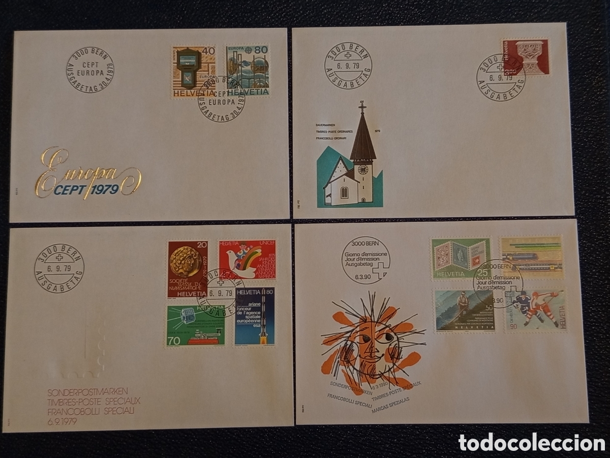 Sellos: Lote 4 Sobres FDC Suiza Helvetia (1979-1990) - CEPT, Espacio y Marcas Especiales
