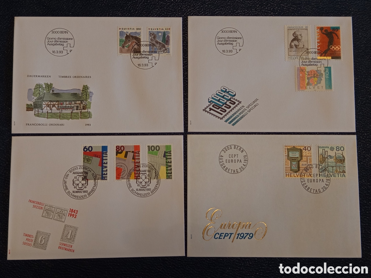 Sellos: Lote 4 Sobres FDC Suiza Helvetia (1979-1993) - CEPT, Filatelia y Ordinarias