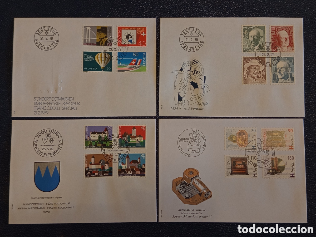 Sellos: Lote 4 Sobres FDC Suiza Helvetia (1979-1996) - Pro Patria, M&uacute;sica y Personajes