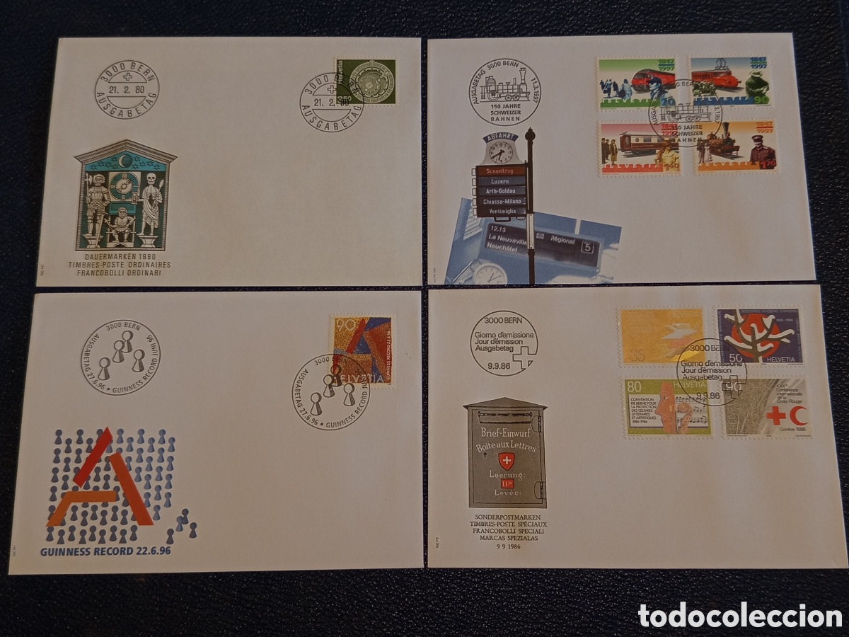 Sellos: Lote 4 Sobres FDC Suiza Helvetia (1980-1997) - Ferrocarriles, Guinness y Reloj