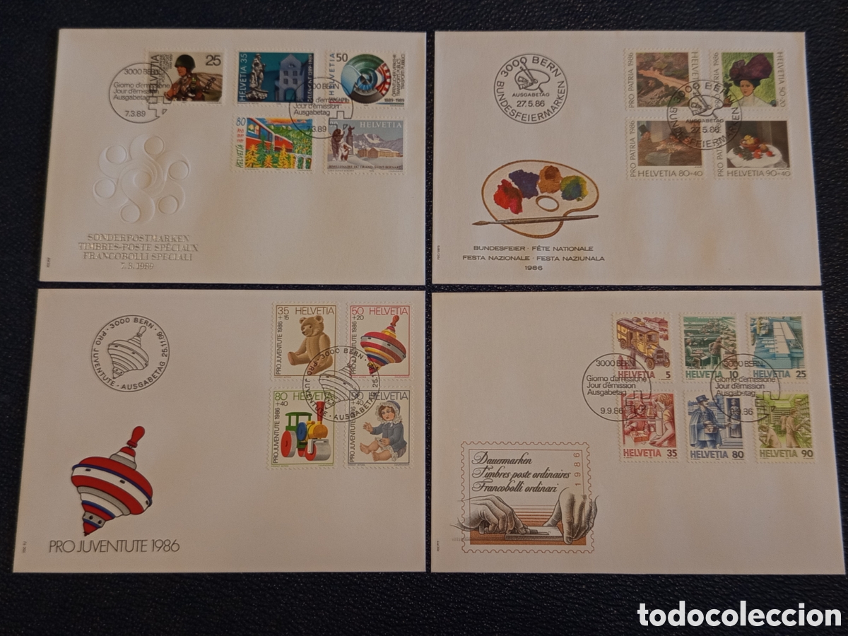 Sellos: Lote 4 Sobres FDC Suiza Helvetia (1986-1989) - Pro Juventute Juguetes y Arte