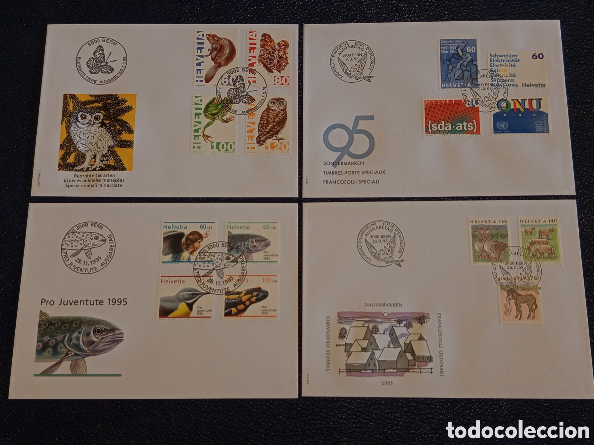 Sellos: Lote 4 Sobres FDC Suiza Helvetia (1995) - Fauna Amenazada, ONU y Pro Juventute