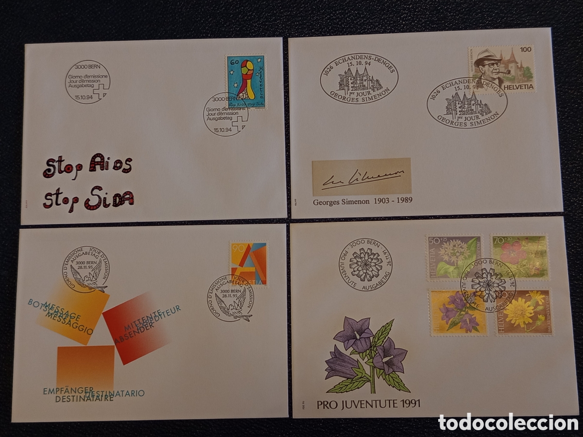 Sellos: Lote 4 Sobres FDC Suiza Helvetia (1991-1995) - Simenon, Salud y Pro Juventute