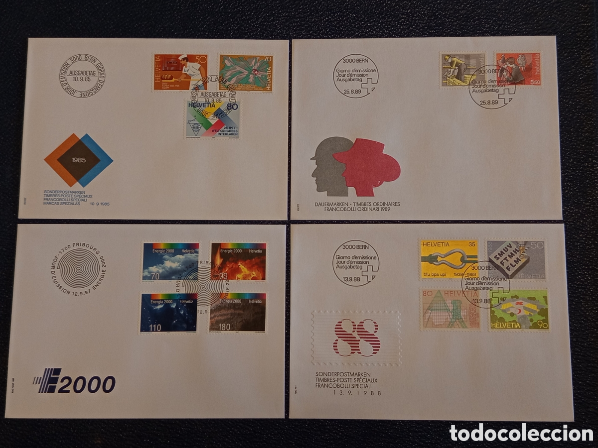 Sellos: Lote 4 Sobres FDC Suiza Helvetia (1985-1997) - Energ&iacute;a 2000 y Marcas Especiales