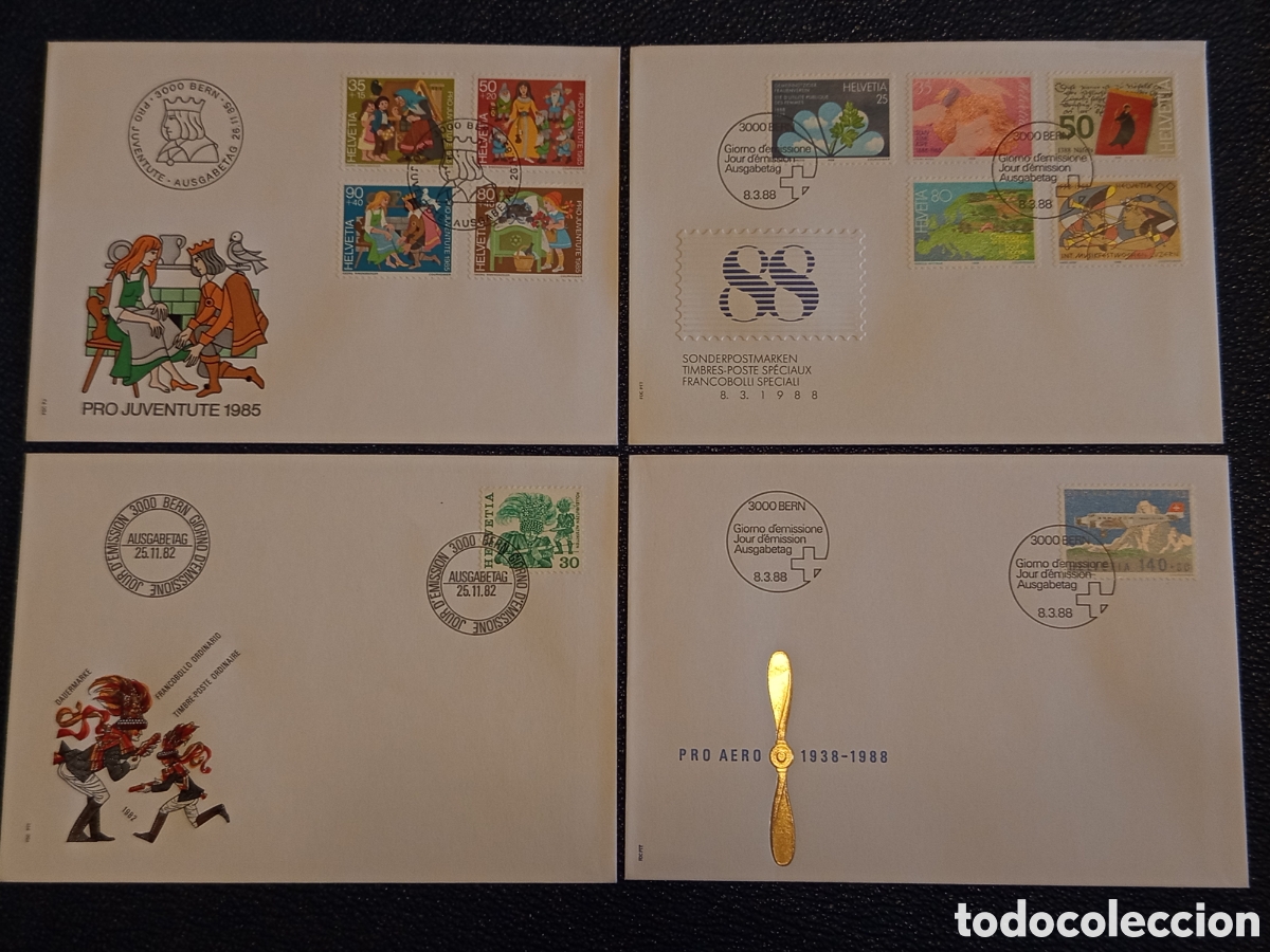 Sellos: Lote 4 Sobres FDC Suiza Helvetia (1982-1988) - Pro Juventute Cuentos y Pro Aero