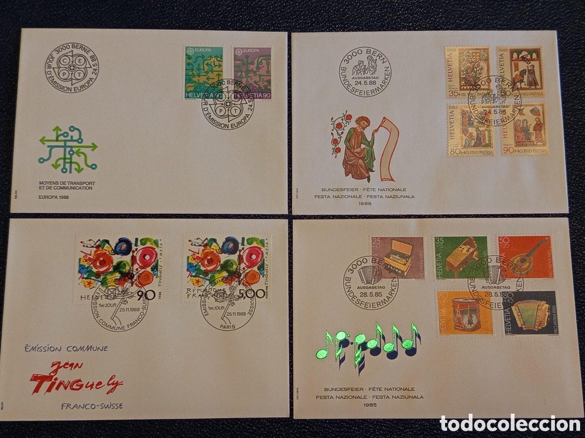 Sellos: Lote 4 Sobres FDC Suiza Helvetia (1985-1988) - Europa CEPT, Tinguely y M&uacute;sica