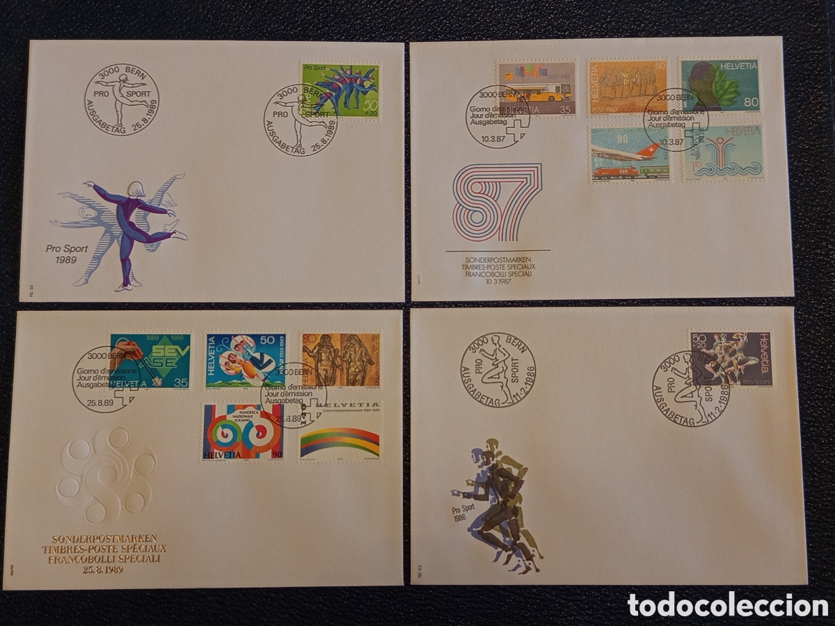 Sellos: Lote 4 Sobres FDC Suiza Helvetia (1986-1989) - Pro Sport y Marcas Especiales