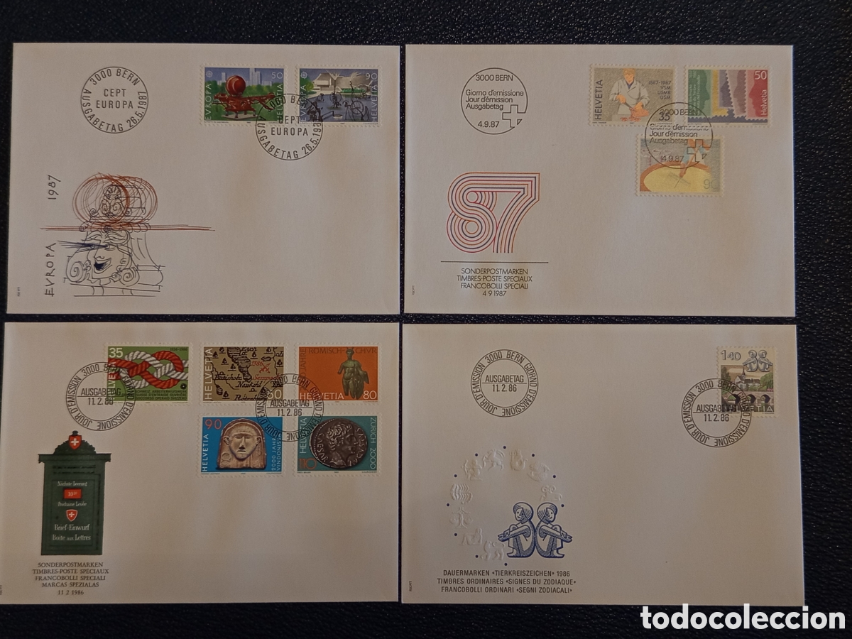 Sellos: Lote 4 Sobres FDC Suiza Helvetia (1986-1987) - Europa CEPT, Historia y Zodiaco