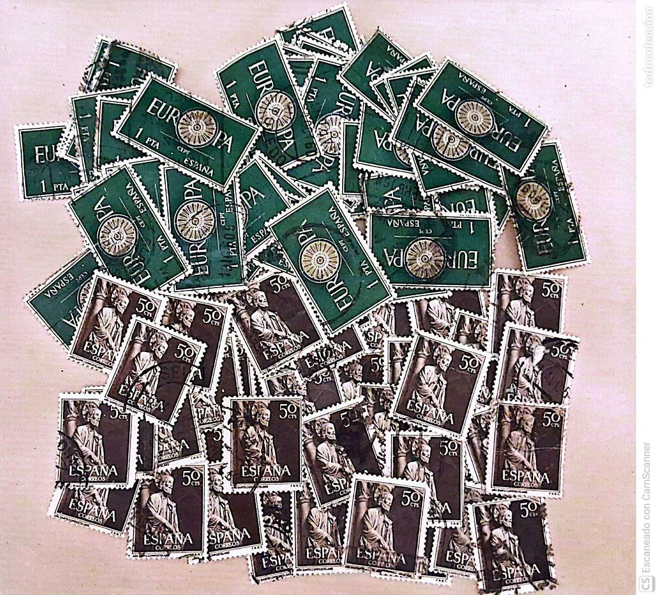 Sellos: Espa&ntilde;a. 100 Sellos usados. Desglose: 50 Sellos 1130 Santiago, detalle del P&oacute;rtico de la Gloria (1954