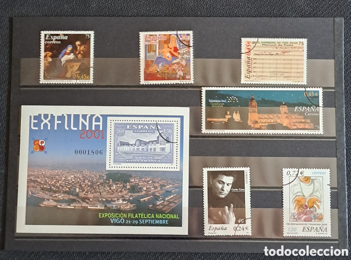 Sellos: Ficha con 6 sellos y una HB MUESTRA de Espa&ntilde;a