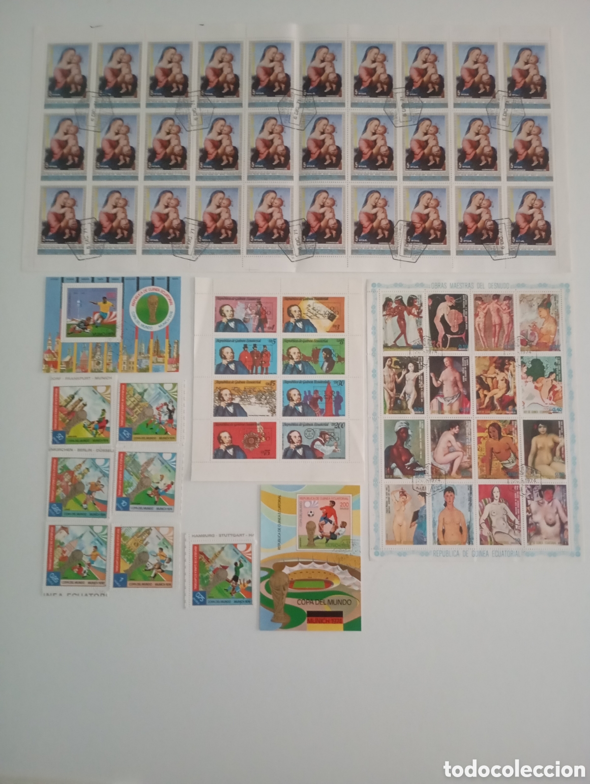 Sellos: Guinea Ecuatorial Copa del Mundo Futbol Munich 1974 + Pliego Navidad 1971 + Obras Maestras + Rowland