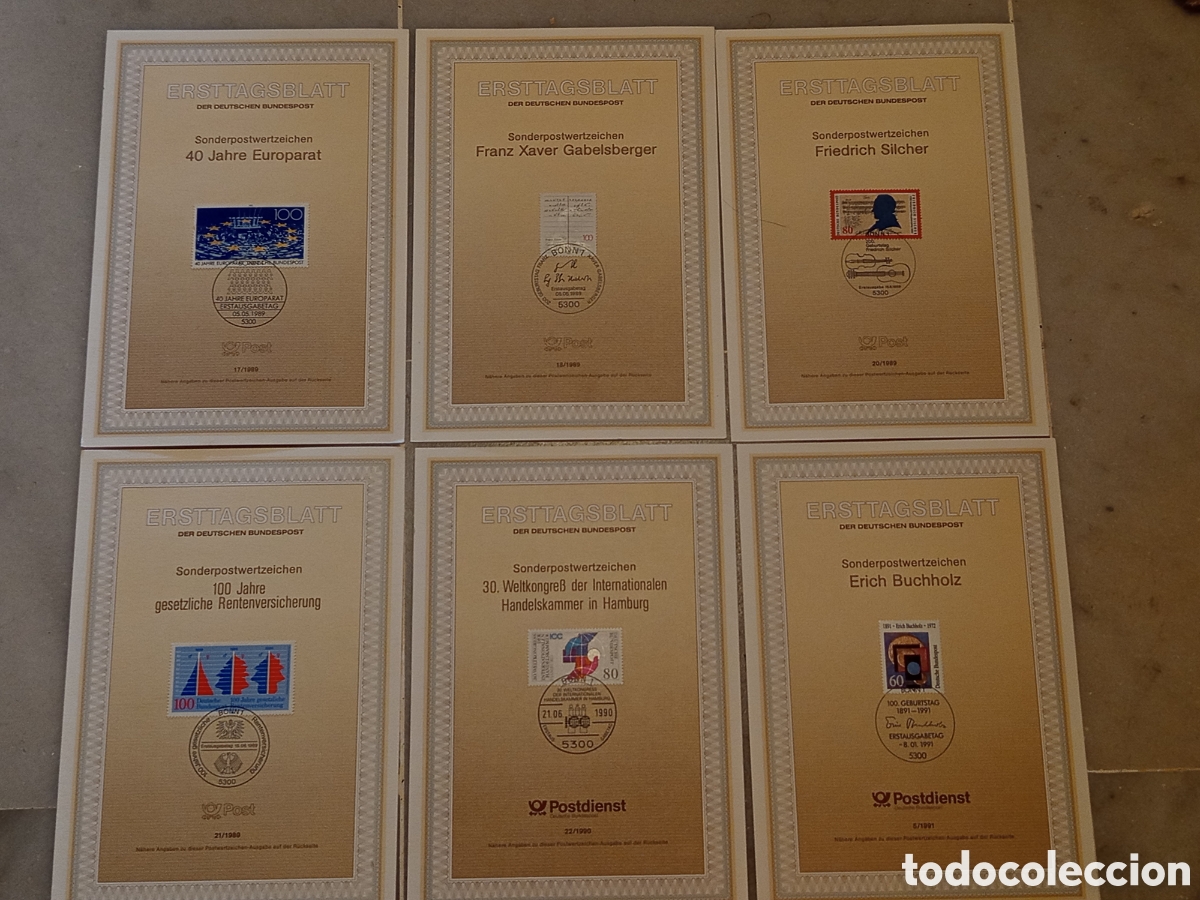 Sellos: Lote 6 Hojas Primer D&iacute;a ETB Alemania Federal Deutsche Bundespost 1989-1991