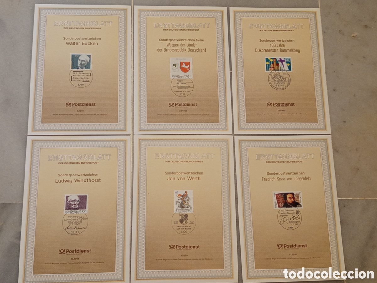Sellos: Lote 6 Hojas Primer D&iacute;a ETB Alemania Federal Deutsche Bundespost 1991-1993