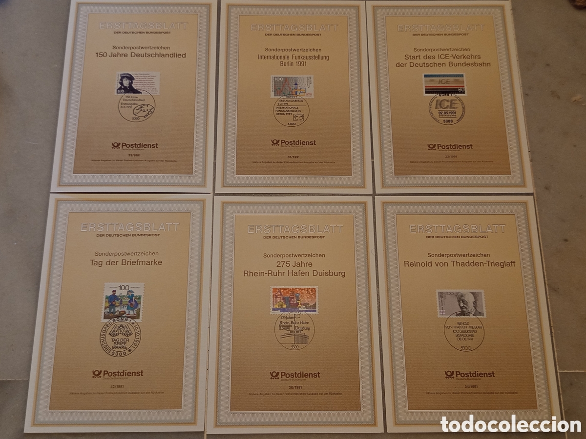 Sellos: Lote 6 Hojas Primer D&iacute;a ETB Alemania Federal Deutsche Bundespost 1991