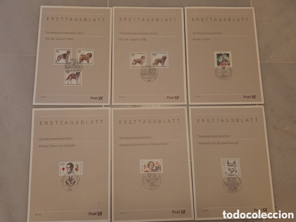 Sellos: Lote 6 Hojas Primer D&iacute;a ETB Alemania A&ntilde;o 1996 Deutsche Post Bonn