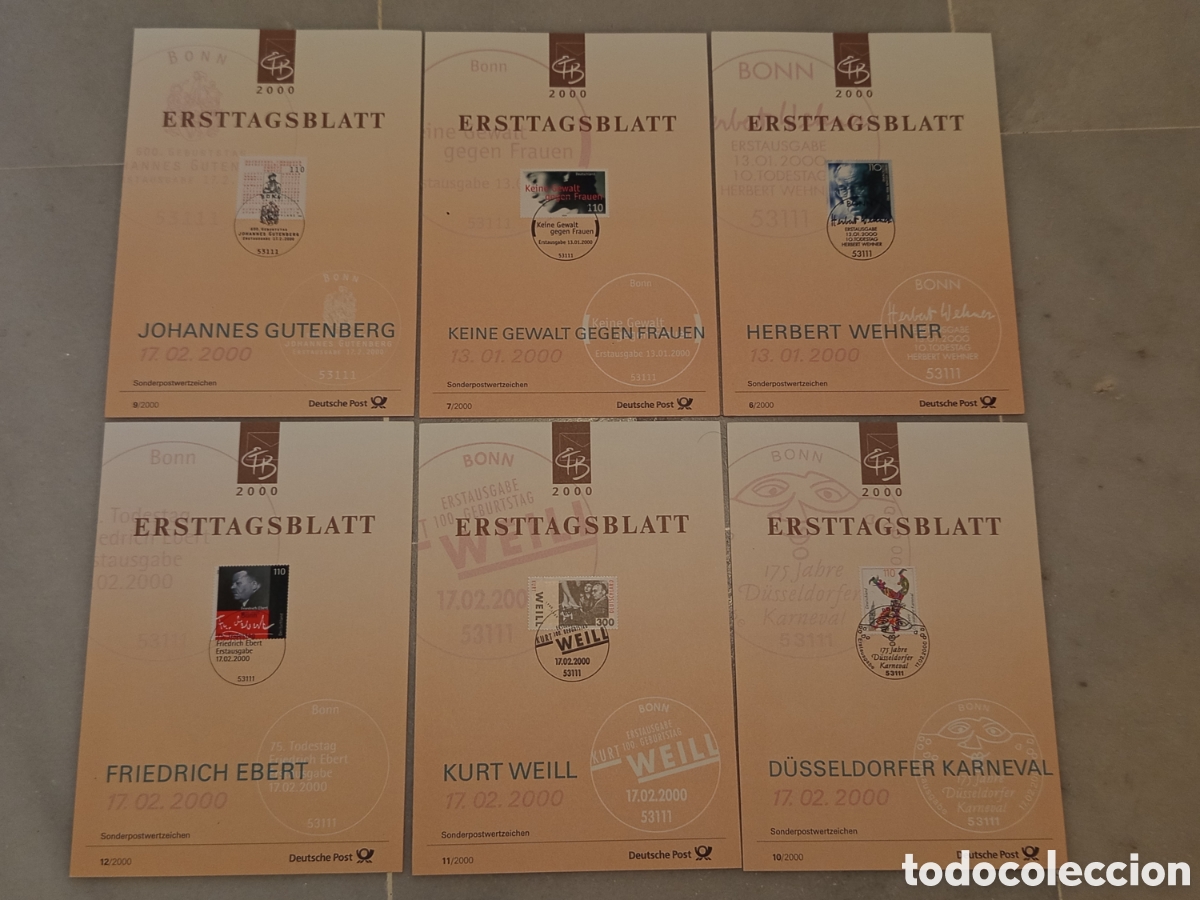 Sellos: Lote 6 Hojas Primer D&iacute;a ETB Alemania A&ntilde;o 2000 Deutsche Post Bonn