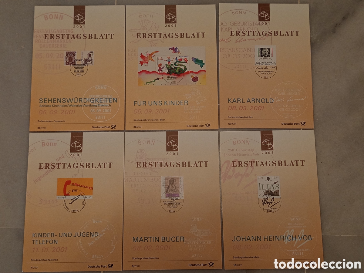 Francobolli: Lote 6 Hojas Primer D&iacute;a ETB Alemania Deutsche Post 2001