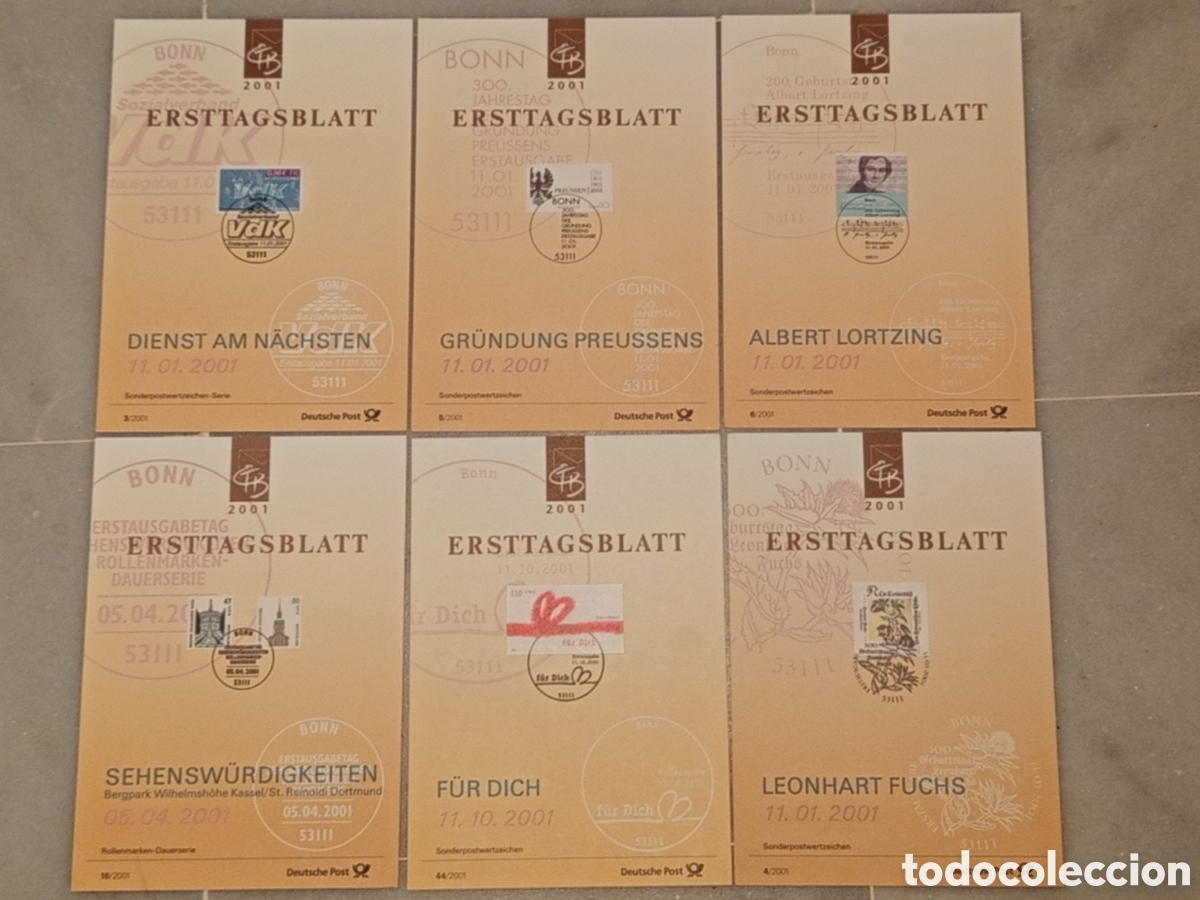 Sellos: Lote 6 Hojas Primer D&iacute;a ETB Alemania Deutsche Post 2001
