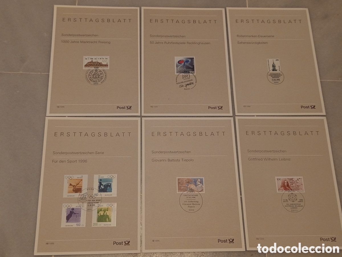 Sellos: Lote 6 Hojas Primer D&iacute;a ETB Alemania Deutsche Post 1996