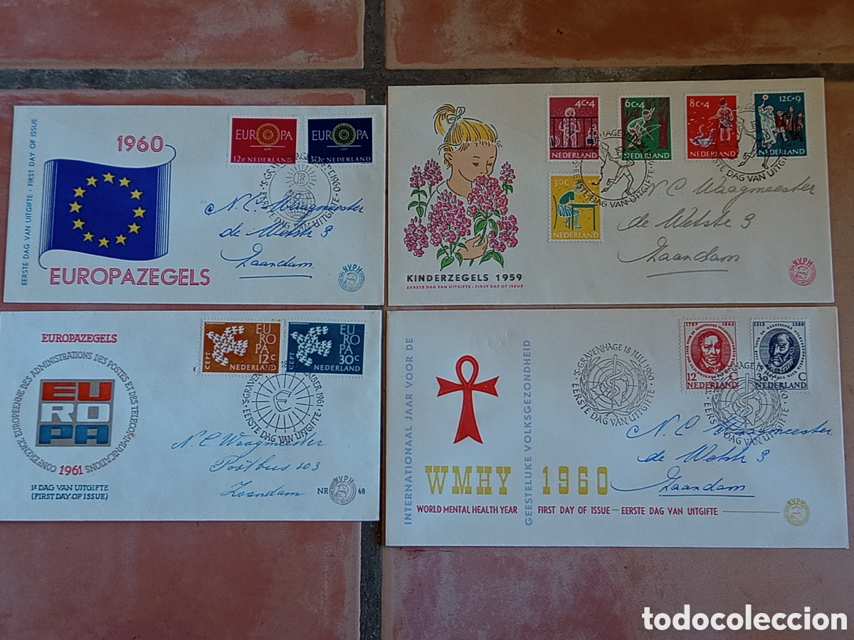 Selos: Lote 4 Sobres FDC Pa&iacute;ses Bajos 1959-1961 (NVPH E41, E44, E45, E48)