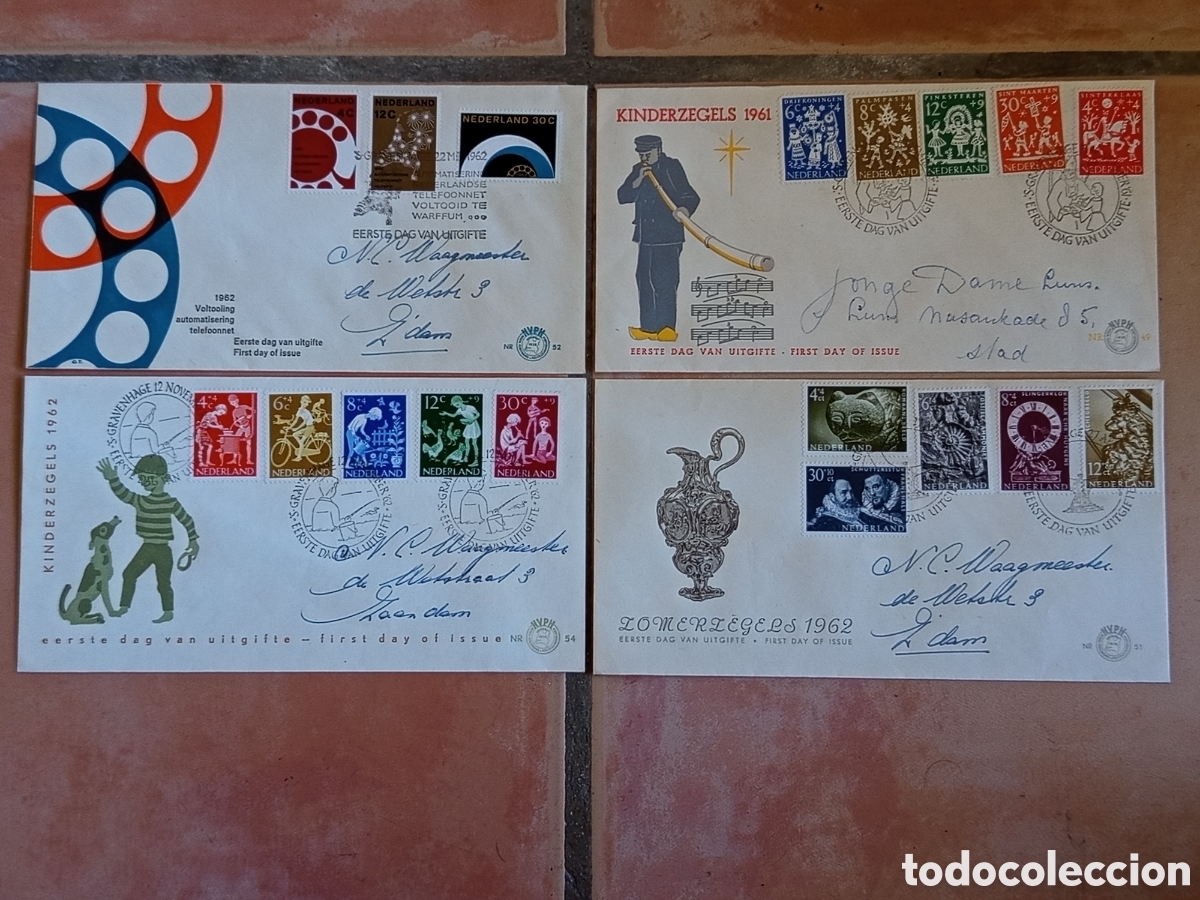 Selos: Lote 4 Sobres FDC Pa&iacute;ses Bajos 1961-1962 (NVPH E49, E51, E52, E54)