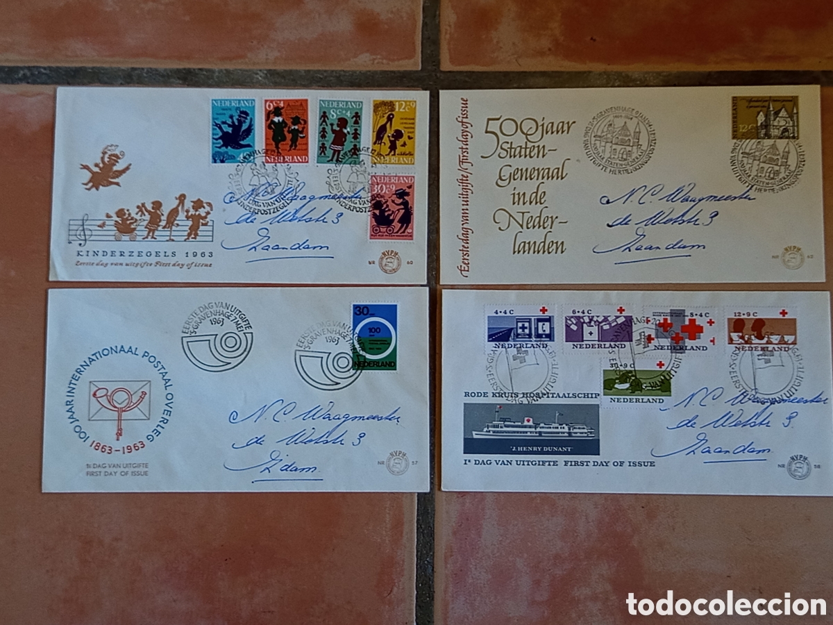 Selos: Lote 4 Sobres FDC Pa&iacute;ses Bajos 1963-1964 (NVPH E57, E58, E60, E62)