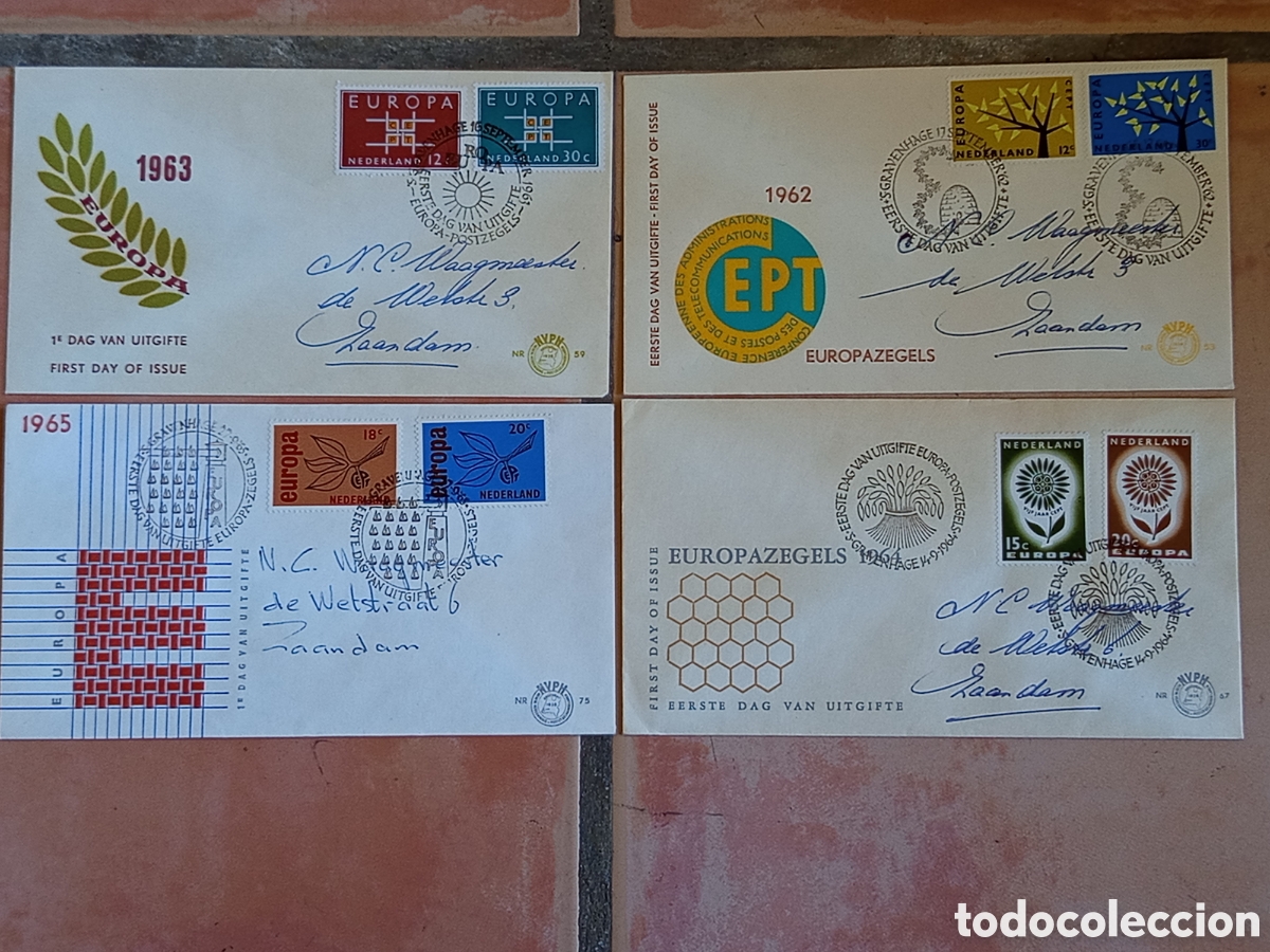 Sellos: Lote 4 Sobres FDC Pa&iacute;ses Bajos Europa CEPT 1962-1965 (NVPH E53, E59, E67, E75)