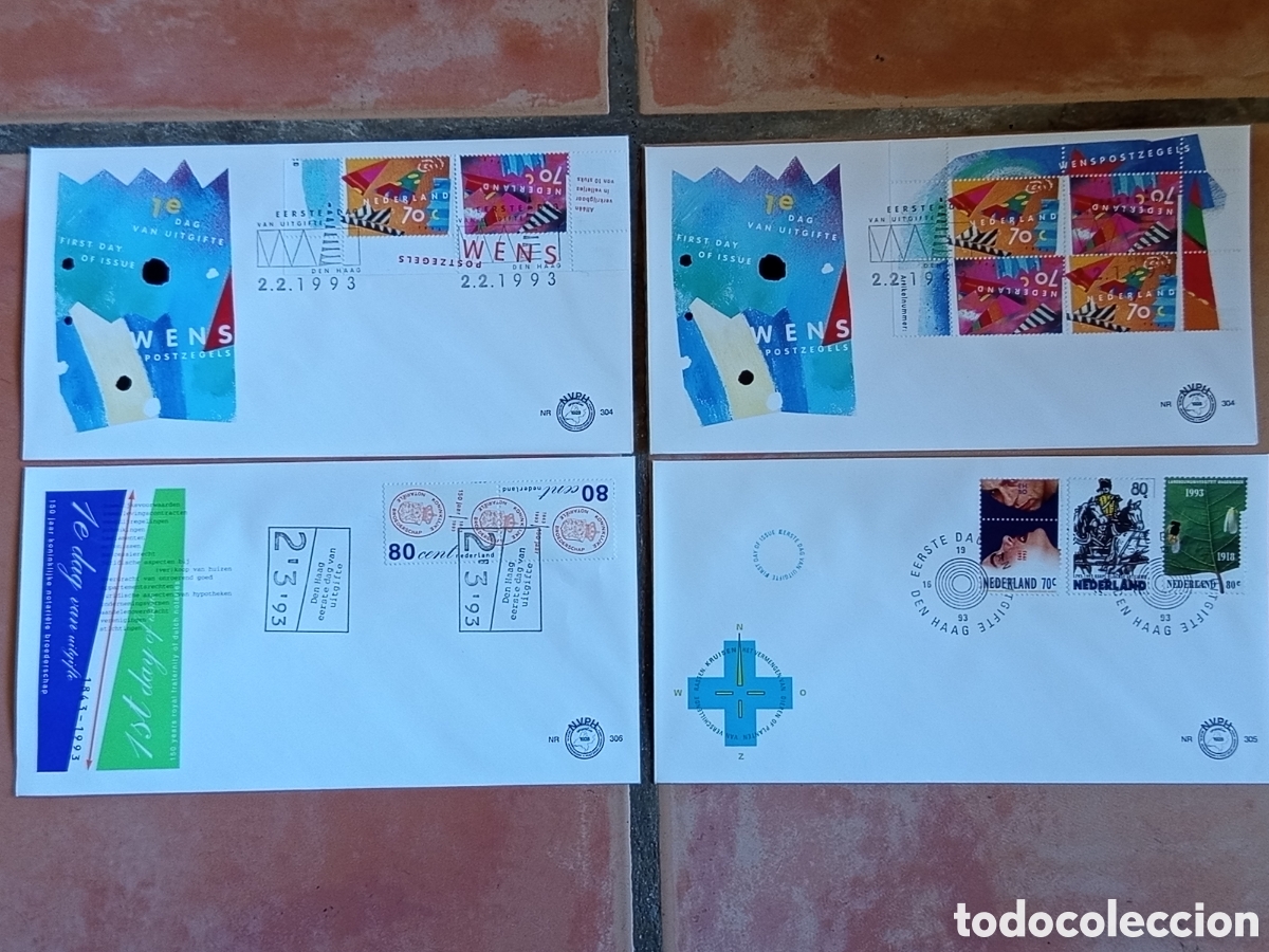 Sellos: Lote 4 Sobres FDC Pa&iacute;ses Bajos 1993 (NVPH 304, 305, 306)
