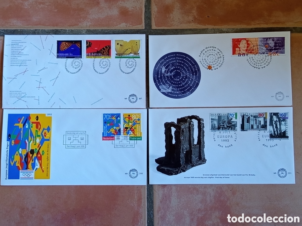 Sellos: Lote 4 Sobres FDC Pa&iacute;ses Bajos 1993 (NVPH 307, 309, 310, 311)